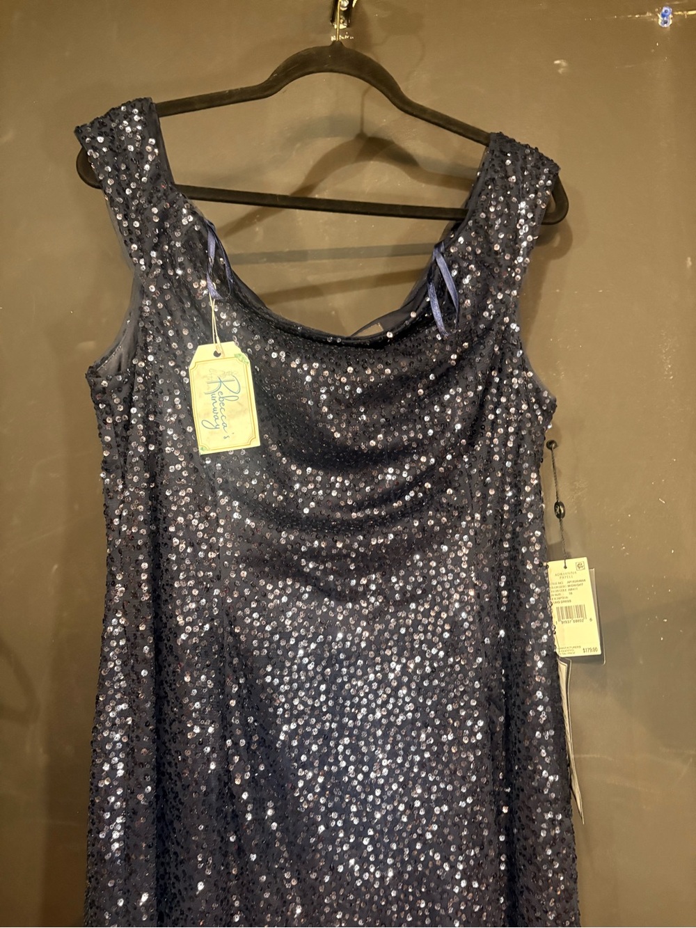 Adrianna Papell Navy Sequin Off-Shoulder Evening Gown - Picture 3 of 4